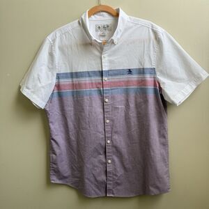 PENGUIN By Munsingwear Short Sleeve Purple & White Stripe Button Shirt Size L